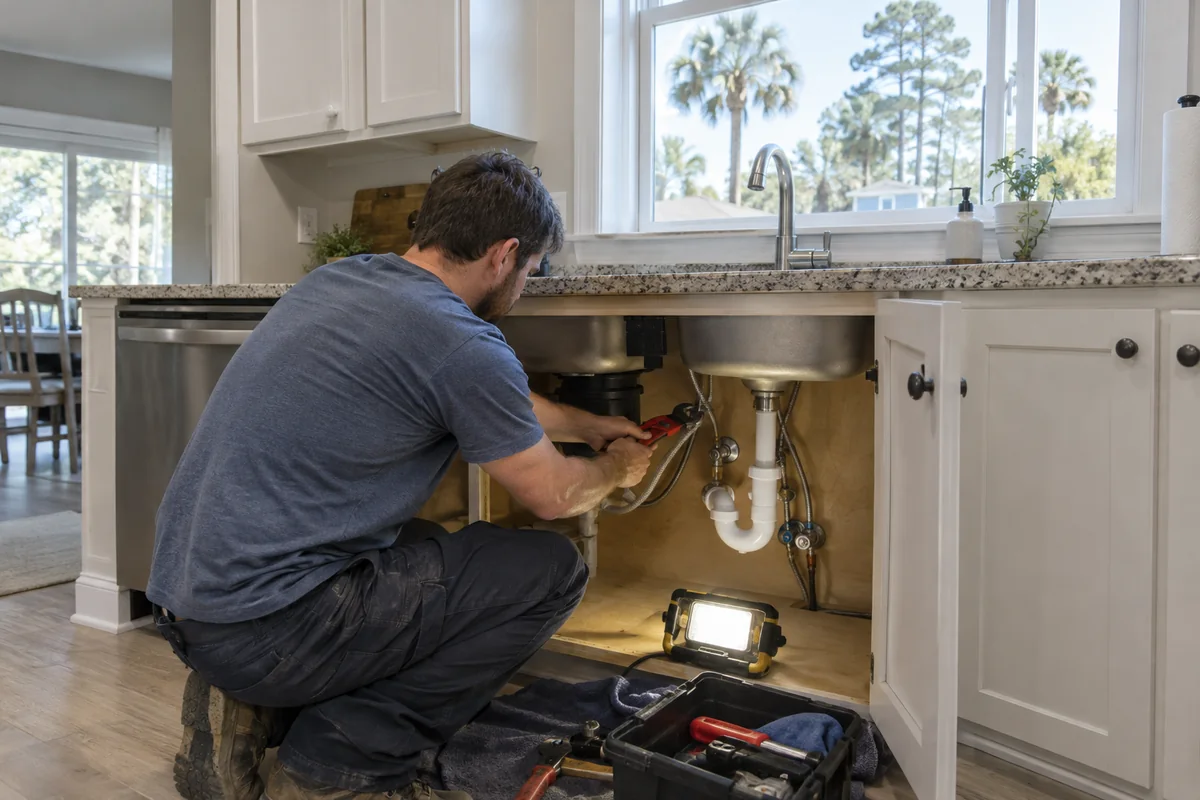 Plumber repairing the supply line under a kitchen sink in a South Carolina home